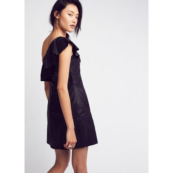 NEW Free People $350 Black Natalie One Shoulder Leather Mini Dress Size S - Picture 2 of 4